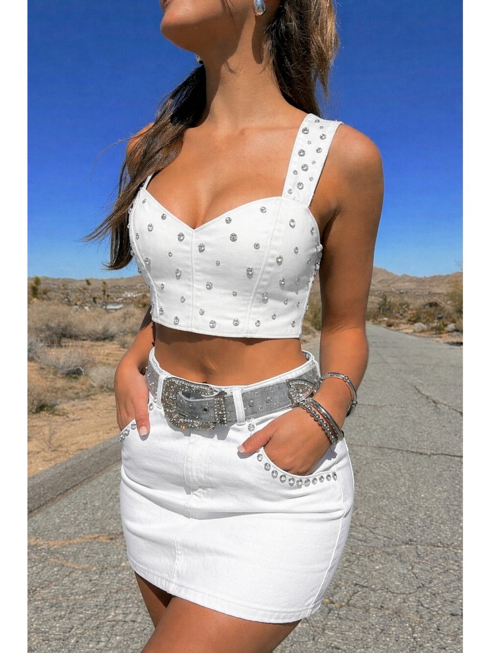 Show Me Your Mumu Shania Bridal Top in Rhinestone White Denim XL